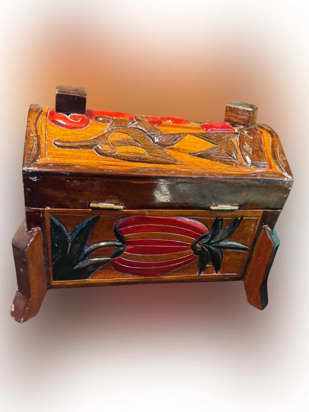 Hand-Carved Wooden Decorative Trunk - Multicolor